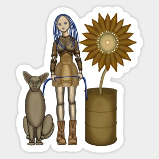 Girl with a cat and a sunflower. Steampunk (2) Sticker